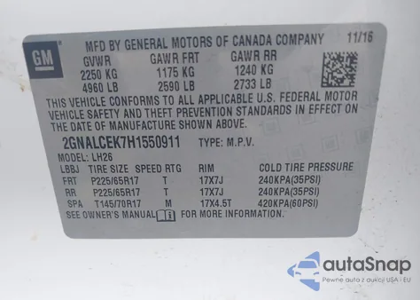 2017 Chevrolet Equinox Lt z USA, uszkodzony, nr VIN 2GNALCEK7H1550911